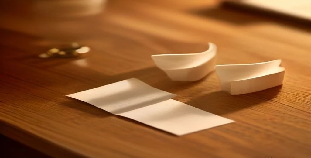 Tiras y conos de papel para catas de perfume sobre una mesa de madera con iluminación cálida