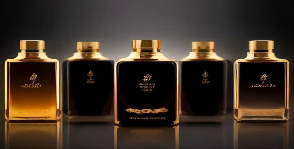 Cinco frascos de perfume ámbar con tapas doradas alineados sobre una superficie oscura reflectante