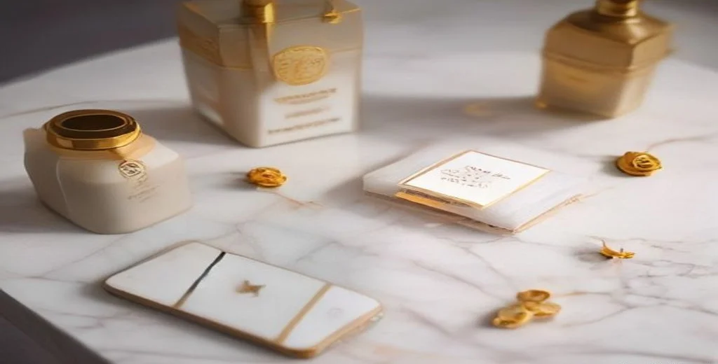 Frasco de perfume dorado, flores metálicas y un teléfono sobre una mesa de mármol blanco, estética de redes sociales